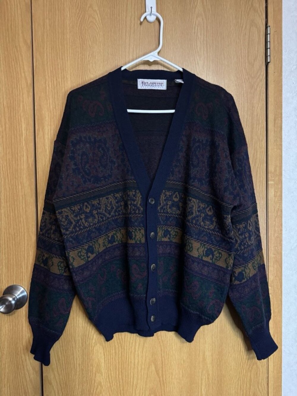 VTG JOHN ASHFORD Cardigan Sweater Wool Blend MEDIUM Preppy Academia Granpa-core